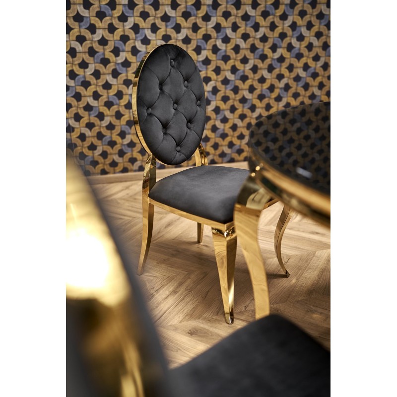 'REGINALD_2 Round Table - Black Glass Top, Gold Legs' 'REGINALD_2 Round Table - Black Glass Top, Gold Legs'