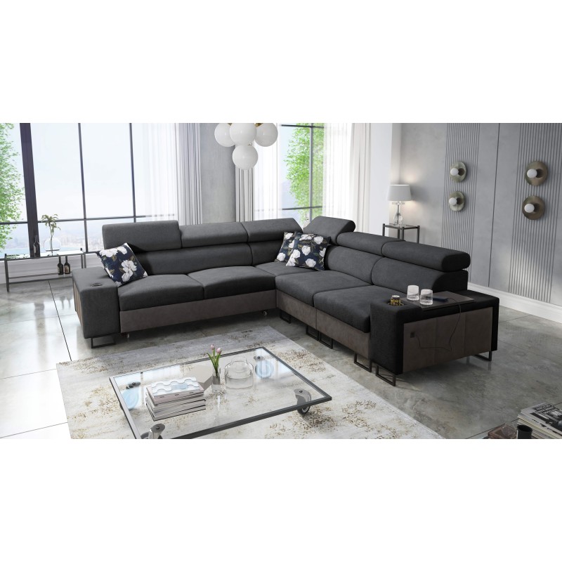 Prestige III corner sofa with sleeping function and USB port - Soft to the touch, Freya 210.24 + Tauro 8207