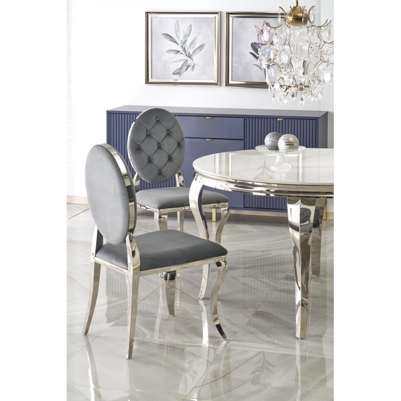 'REGINALD Round Table Top - White Marble, Legs - Silver' 'REGINALD Round Table Top - White Marble, Legs - Silver'