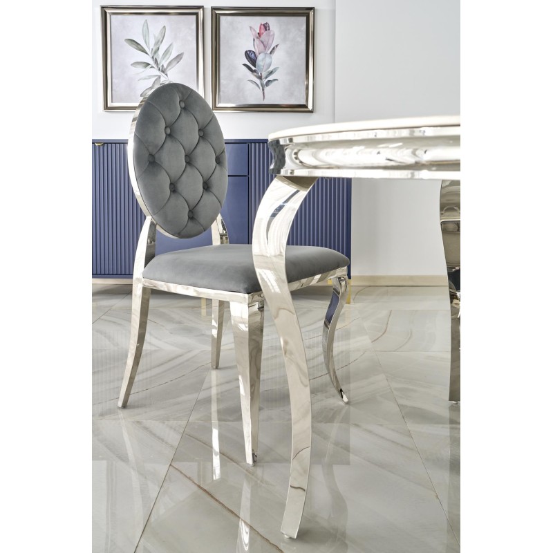 'REGINALD Round Table Top - White Marble, Legs - Silver' 'REGINALD Round Table Top - White Marble, Legs - Silver'