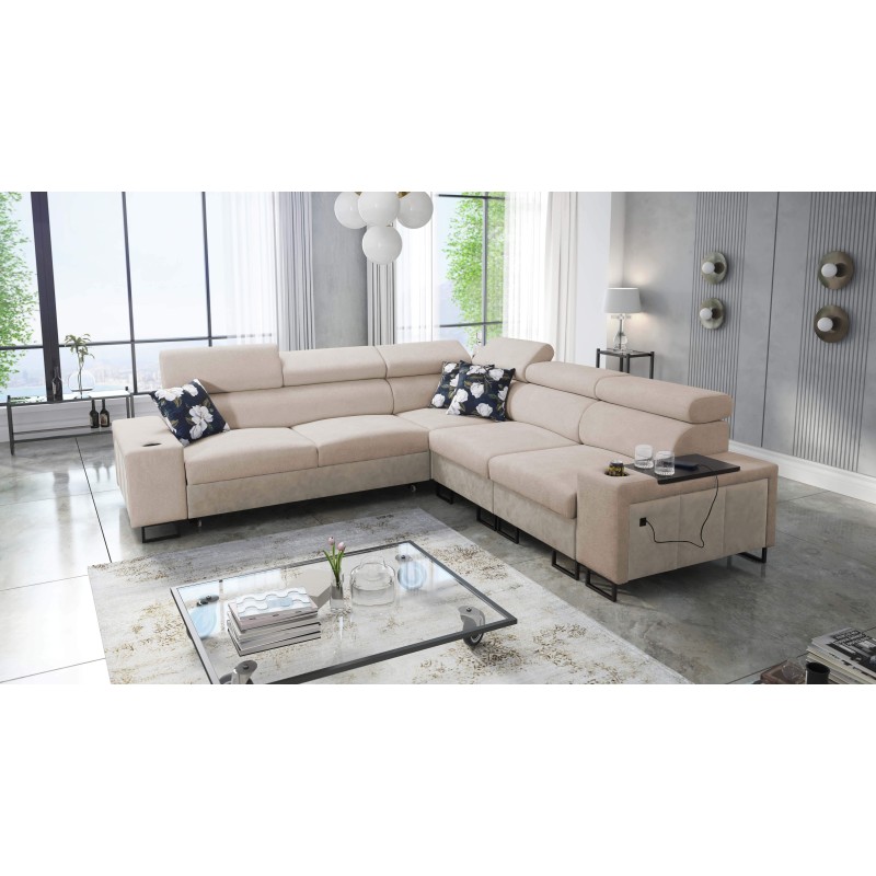 Prestige III corner sofa with sleeping function and USB port - Soft to the touch, Freya 210.04 + Tauro 8203