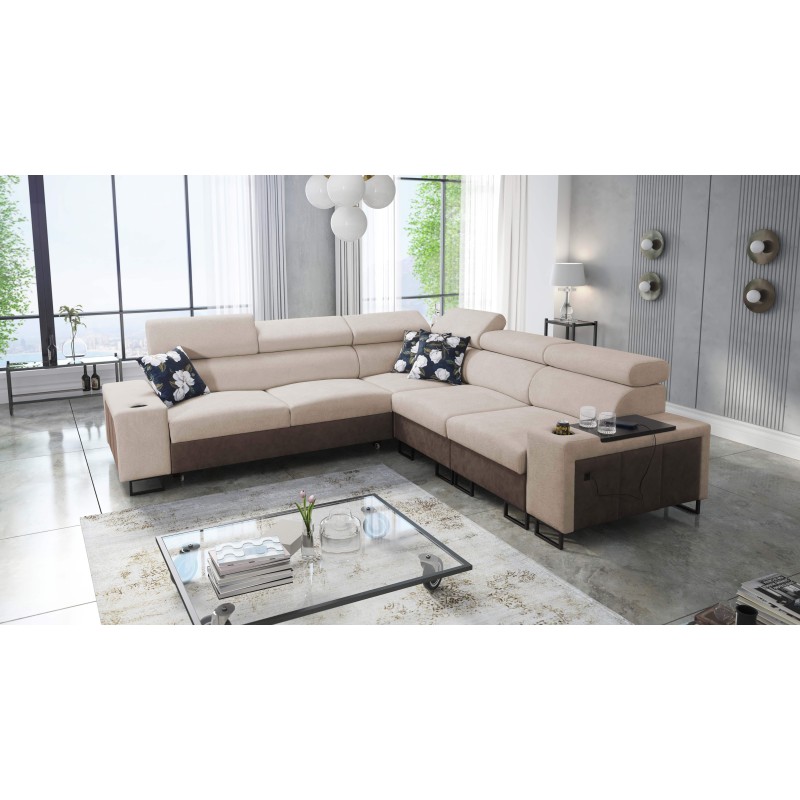 Prestige III corner sofa with sleeping function and USB port - Soft to the touch, Freya 210.04 + Tauro 8202