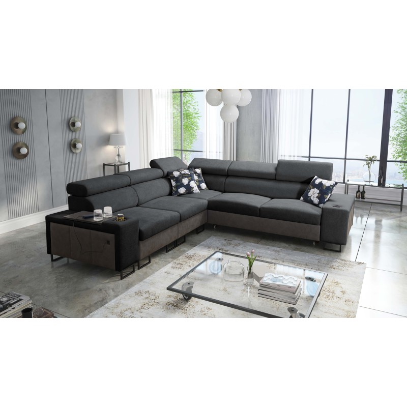 Prestige III corner sofa with sleeping function and USB port - Soft to the touch, Freya 210.24 + Tauro 8207