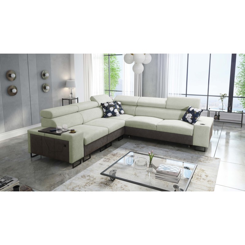 Prestige III corner sofa with sleeping function and USB port - Soft to the touch, Freya 210.11 + Tauro 8207