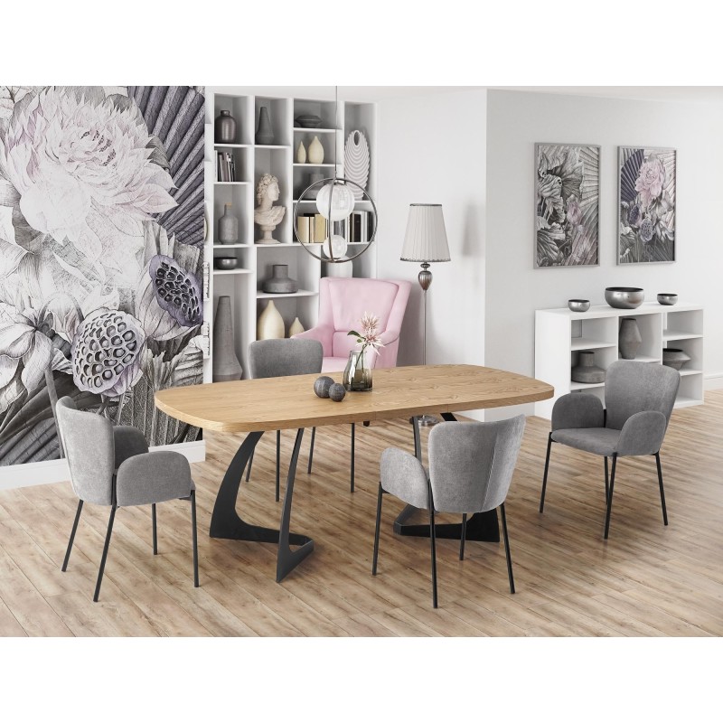 'VELDON Extendable Table, Top - Natural Oak, Legs - Black'
