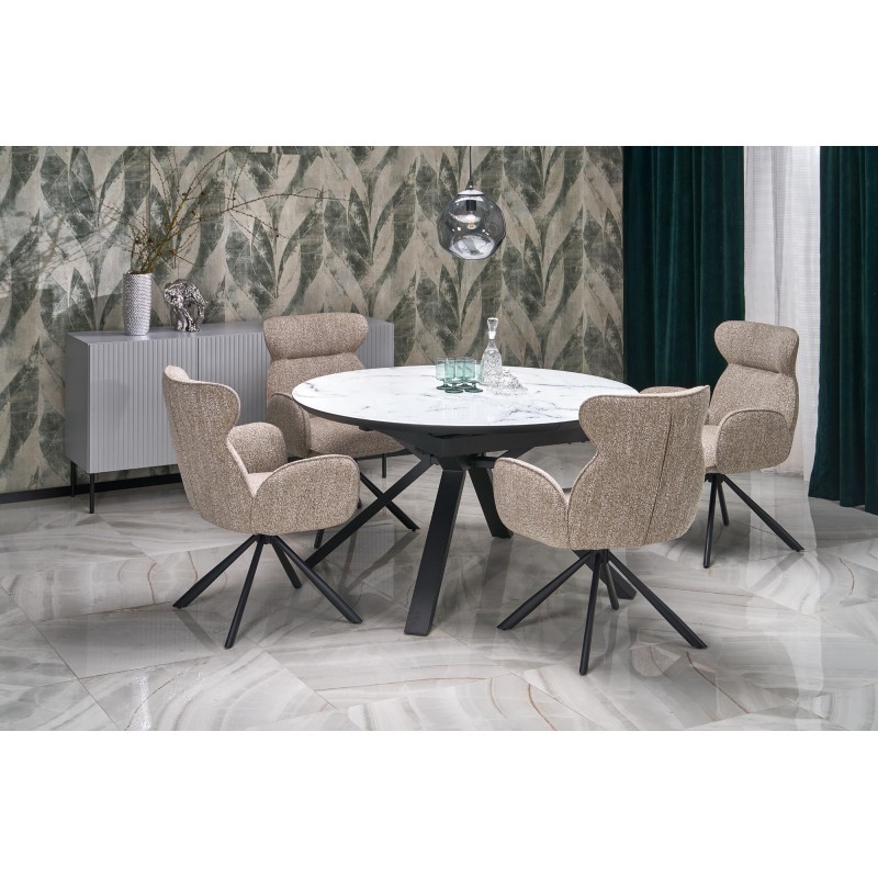 'VERTIGO Extendable Table, Top - White Marble, Legs - Black' 'VERTIGO Extendable Table, Top - White Marble, Legs - Black'