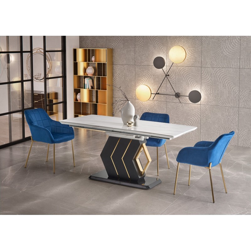 'VINCENZO Extendable Table Top: White Marble, Black/Gold Leg'