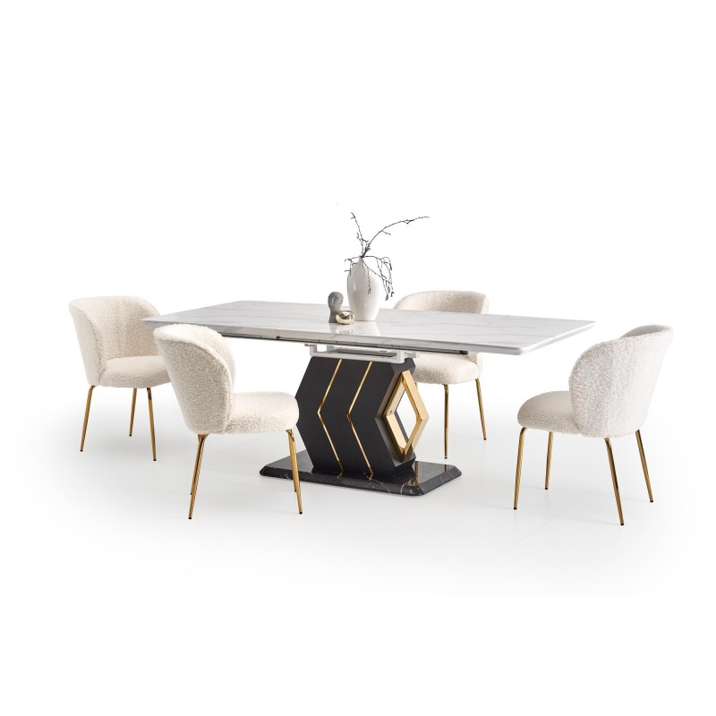'VINCENZO Extendable Table Top: White Marble, Black/Gold Leg' 'VINCENZO Extendable Table Top: White Marble, Black/Gold Leg'