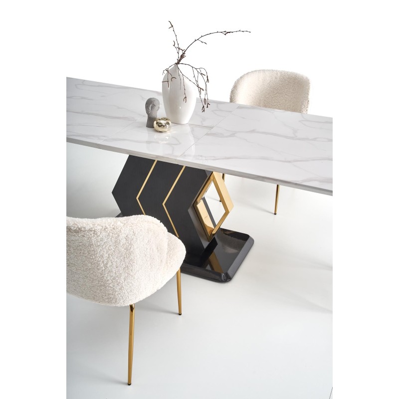 'VINCENZO Extendable Table Top: White Marble, Black/Gold Leg' 'VINCENZO Extendable Table Top: White Marble, Black/Gold Leg'