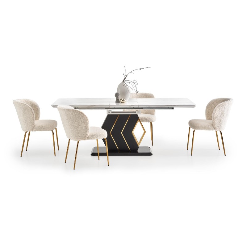 'VINCENZO Extendable Table Top: White Marble, Black/Gold Leg' 'VINCENZO Extendable Table Top: White Marble, Black/Gold Leg'