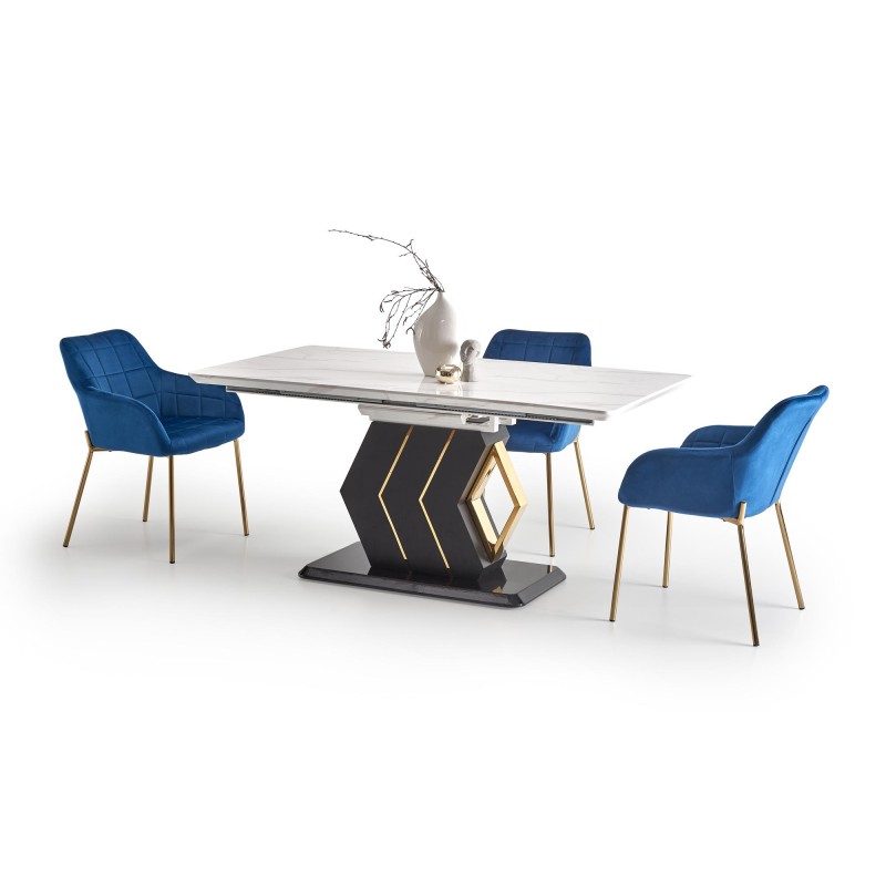 'VINCENZO Extendable Table Top: White Marble, Black/Gold Leg' 'VINCENZO Extendable Table Top: White Marble, Black/Gold Leg'