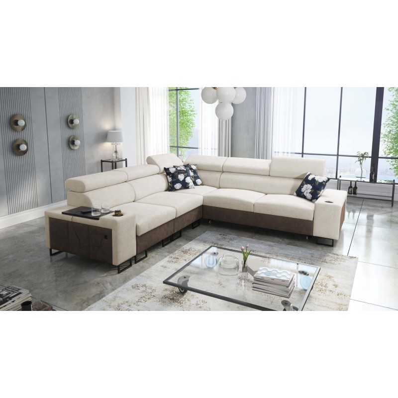 Prestige III corner sofa with sleeping function and USB port - Soft to the touch, Freya 210.02 + Tauro 8202