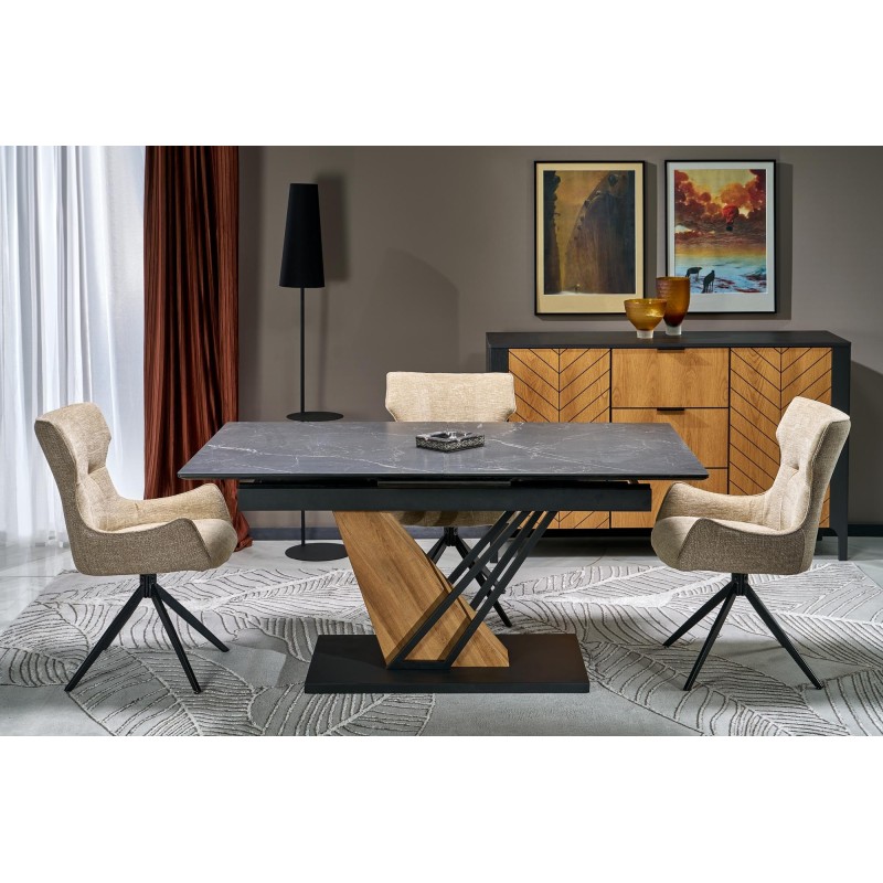 'VOLANT 140 Extendable Table, Top - Black Marble, Legs - Golden Oak / Black' 'VOLANT 140 Extendable Table, Top - Black Marble, Legs - Golden Oak / Black'