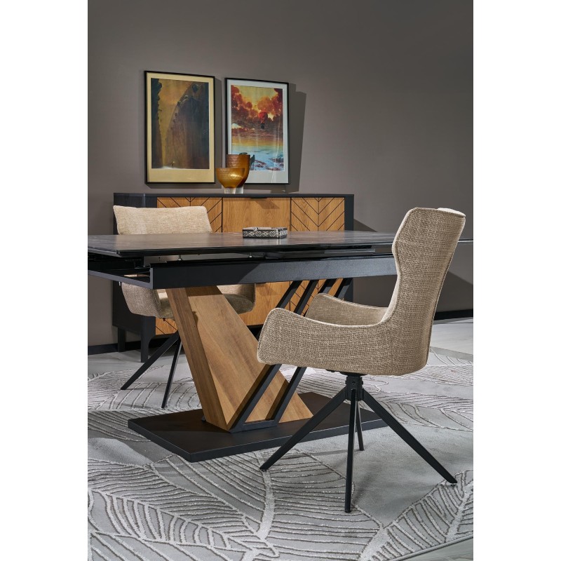 'VOLANT 140 Extendable Table, Top - Black Marble, Legs - Golden Oak / Black' 'VOLANT 140 Extendable Table, Top - Black Marble, Legs - Golden Oak / Black'