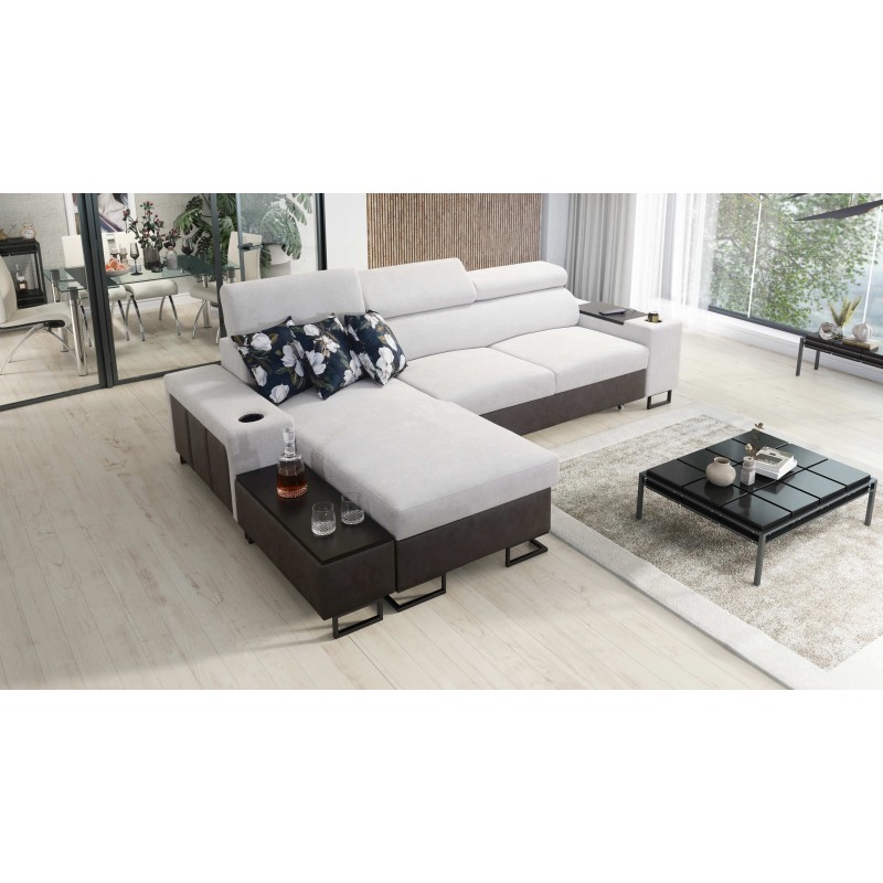 Prestige I Maxi corner sofa with a sleeping function and USB port - Soft to the touch, Freya 210.18 + Tauro 8207
