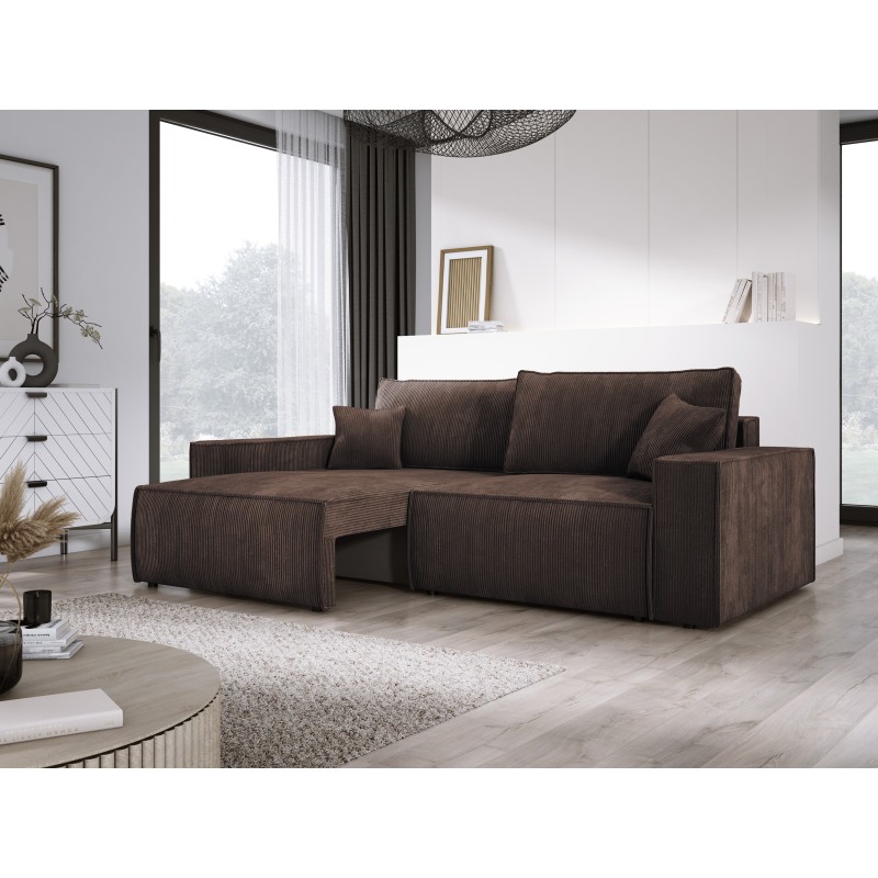 KASJO Left-Handed Corner Sofa with Sleep Function and Cushions, 2x POSO 006 Brown Storage Box by Stork Furniture KASJO Left-Handed Corner Sofa with Sleep Function and Cushions, 2x POSO 006 Brown Storage Box by Stork Furniture