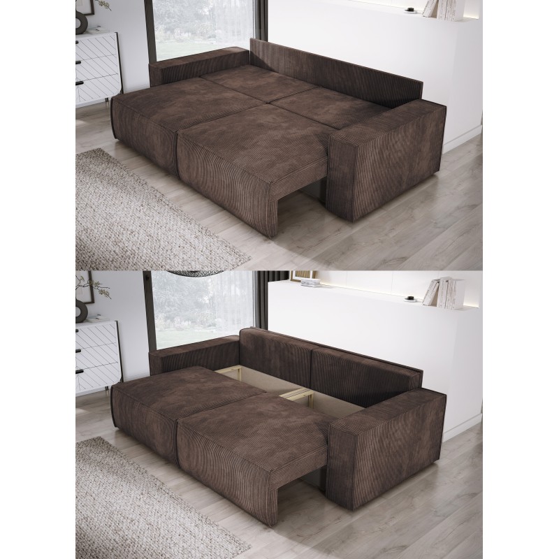 KASJO Left-Handed Corner Sofa with Sleep Function and Cushions, 2x POSO 006 Brown Storage Box by Stork Furniture KASJO Left-Handed Corner Sofa with Sleep Function and Cushions, 2x POSO 006 Brown Storage Box by Stork Furniture