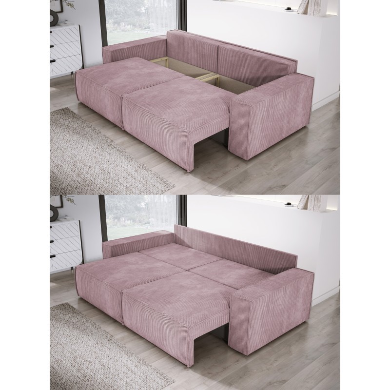 KASJO Left-Handed Corner Sofa with Sleeping Function and Pillows, 2x POSO 027 Pink Storage Box by Stork Furniture KASJO Left-Handed Corner Sofa with Sleeping Function and Pillows, 2x POSO 027 Pink Storage Box by Stork Furniture