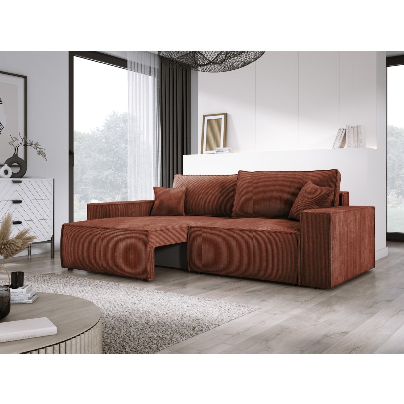 KASJO Left-Handed Corner Sofa with Sleep Function and Cushions, 2x POSO 039 Copper Storage Ottoman by Stork Furniture KASJO Left-Handed Corner Sofa with Sleep Function and Cushions, 2x POSO 039 Copper Storage Ottoman by Stork Furniture