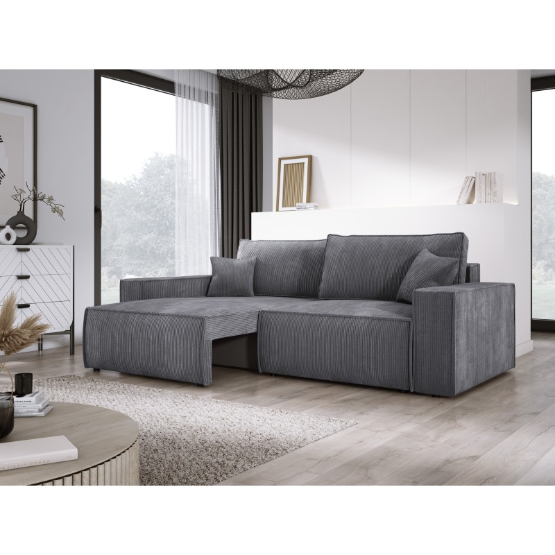 KASJO Left-Handed Corner Sofa with Sleep Function and Cushions, 2x POSO 060 Gray Storage Units from Stork Furniture KASJO Left-Handed Corner Sofa with Sleep Function and Cushions, 2x POSO 060 Gray Storage Units from Stork Furniture