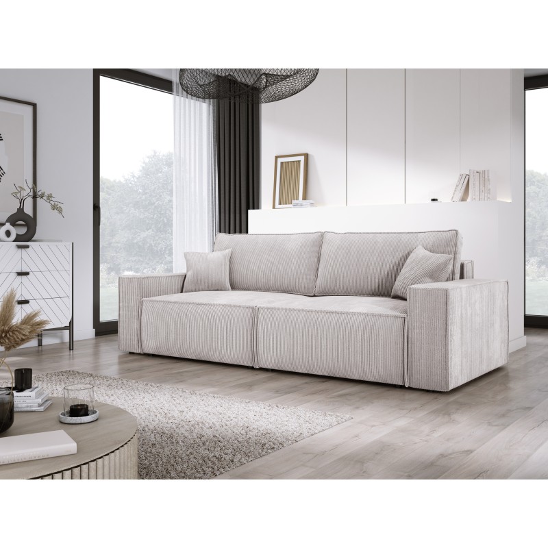 KASJO Left-Handed Corner Sofa with Sleeping Function and Pillows, 2x POSO 100 Dirty White Storage Units by Stork Furniture KASJO Left-Handed Corner Sofa with Sleeping Function and Pillows, 2x POSO 100 Dirty White Storage Units by Stork Furniture