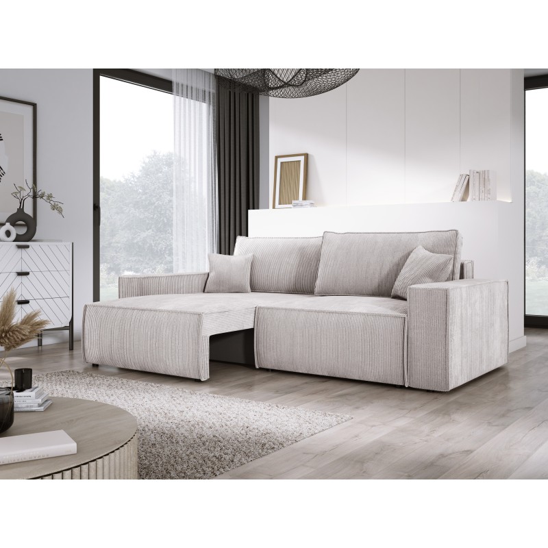 KASJO Left-Handed Corner Sofa with Sleeping Function and Pillows, 2x POSO 100 Dirty White Storage Units by Stork Furniture KASJO Left-Handed Corner Sofa with Sleeping Function and Pillows, 2x POSO 100 Dirty White Storage Units by Stork Furniture