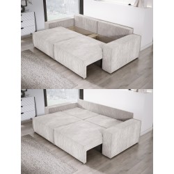 KASJO Left-Handed Corner Sofa with Sleeping Function and Pillows, 2x POSO 100 Dirty White Storage Units by Stork Furniture KASJO Left-Handed Corner Sofa with Sleeping Function and Pillows, 2x POSO 100 Dirty White Storage Units by Stork Furniture