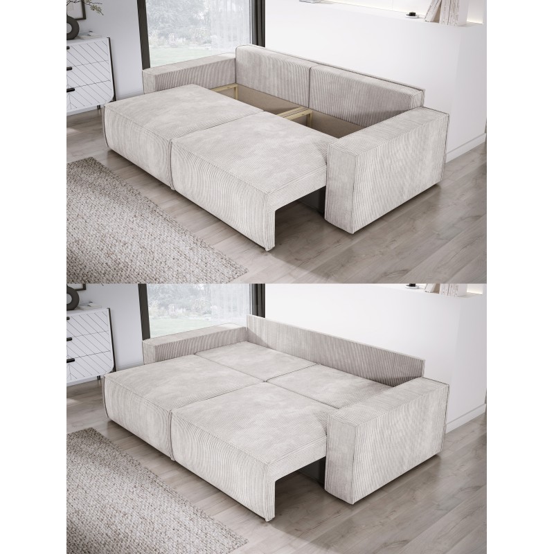 KASJO Left-Handed Corner Sofa with Sleeping Function and Pillows, 2x POSO 100 Dirty White Storage Units by Stork Furniture KASJO Left-Handed Corner Sofa with Sleeping Function and Pillows, 2x POSO 100 Dirty White Storage Units by Stork Furniture