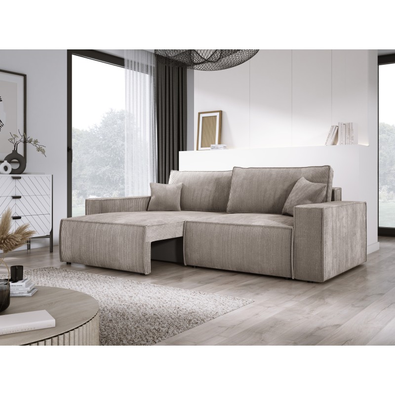 KASJO Right-Sided Corner Sofa with Sleeping Function and Cushions, 2x POSO 002 Cappuccino Storage Compartment by Stork Furniture KASJO Right-Sided Corner Sofa with Sleeping Function and Cushions, 2x POSO 002 Cappuccino Storage Compartment by Stork Furniture