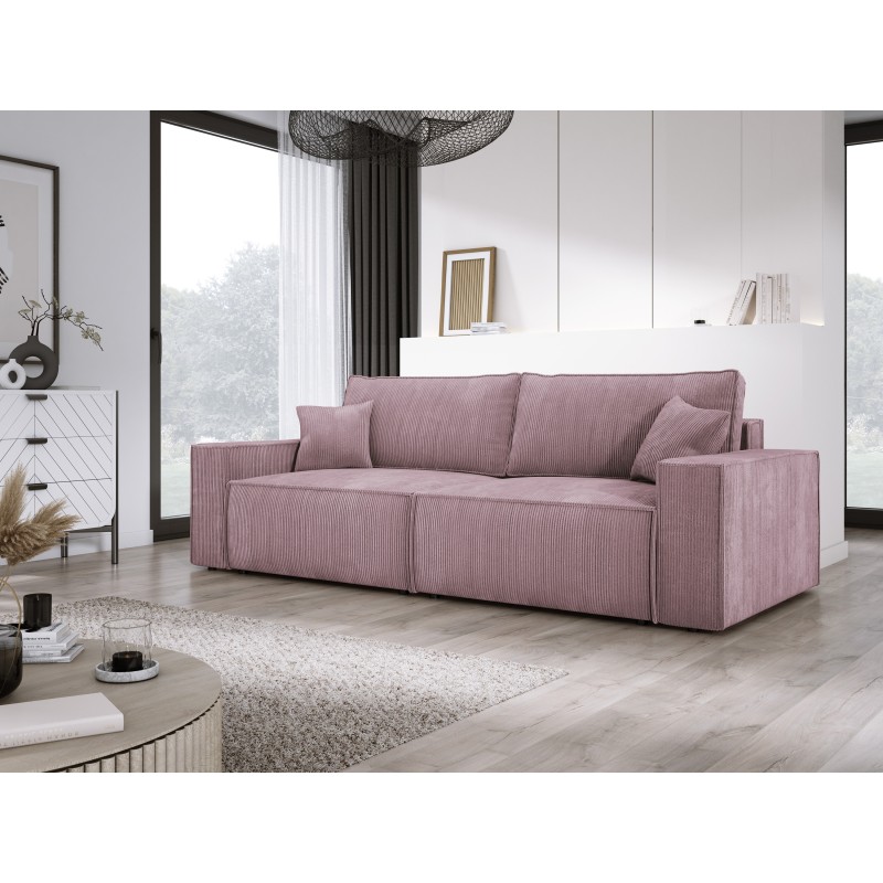 KASJO Right-Sided Corner Sofa with Sleeping Function and Cushions, 2x POSO 027 Pink Storage Boxes by Stork Furniture KASJO Right-Sided Corner Sofa with Sleeping Function and Cushions, 2x POSO 027 Pink Storage Boxes by Stork Furniture