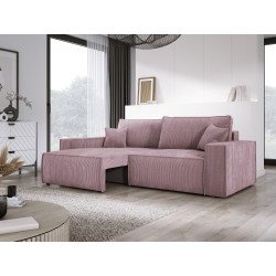 KASJO Right-Sided Corner Sofa with Sleeping Function and Cushions, 2x POSO 027 Pink Storage Boxes by Stork Furniture KASJO Right-Sided Corner Sofa with Sleeping Function and Cushions, 2x POSO 027 Pink Storage Boxes by Stork Furniture
