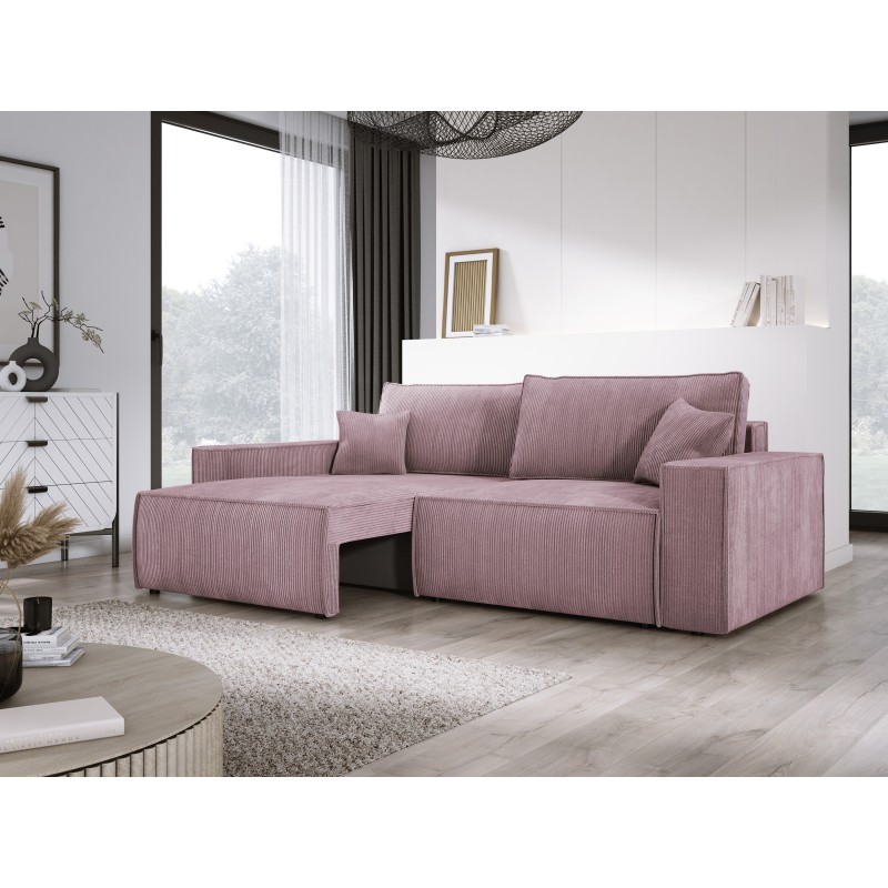 KASJO Right-Sided Corner Sofa with Sleeping Function and Cushions, 2x POSO 027 Pink Storage Boxes by Stork Furniture KASJO Right-Sided Corner Sofa with Sleeping Function and Cushions, 2x POSO 027 Pink Storage Boxes by Stork Furniture