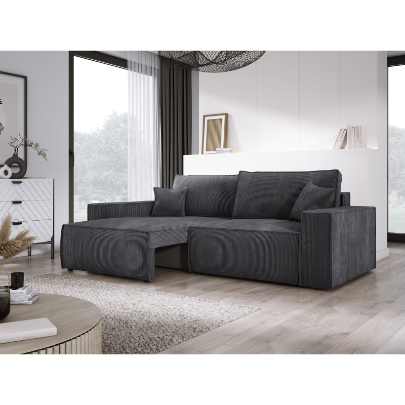 KASJO Right-Sided Corner Sofa with Sleep Function and Pillows, 2x POSO 034 Anthracite Storage Containers by Stork Furniture KASJO Right-Sided Corner Sofa with Sleep Function and Pillows, 2x POSO 034 Anthracite Storage Containers by Stork Furniture