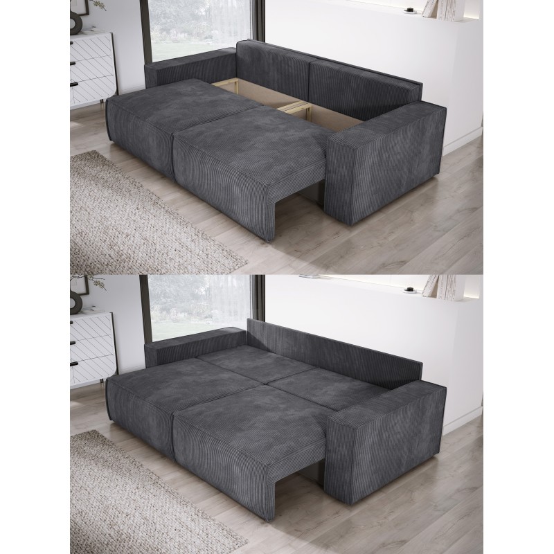KASJO Right-Sided Corner Sofa with Sleep Function and Pillows, 2x POSO 034 Anthracite Storage Containers by Stork Furniture KASJO Right-Sided Corner Sofa with Sleep Function and Pillows, 2x POSO 034 Anthracite Storage Containers by Stork Furniture