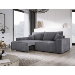 KASJO Right-Hand Corner Sofa with Sleeping Function and Cushions, 2x POSO 060 Grey Storage Box by Stork Furniture KASJO Right-Hand Corner Sofa with Sleeping Function and Cushions, 2x POSO 060 Grey Storage Box by Stork Furniture