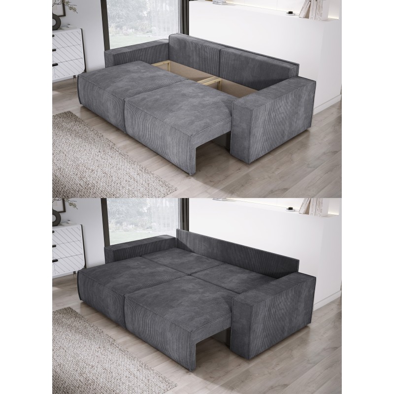 KASJO Right-Hand Corner Sofa with Sleeping Function and Cushions, 2x POSO 060 Grey Storage Box by Stork Furniture KASJO Right-Hand Corner Sofa with Sleeping Function and Cushions, 2x POSO 060 Grey Storage Box by Stork Furniture