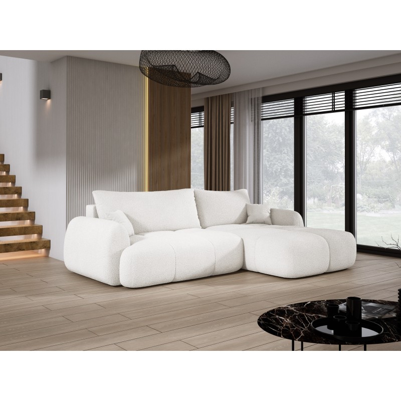 COCO Right-Handed Corner Sofa with Sleeper Function, Cushions and Storage Compartment in NowOrNever 01 White by Stork Furniture COCO Right-Handed Corner Sofa with Sleeper Function, Cushions and Storage Compartment in NowOrNever 01 White by Stork Furniture