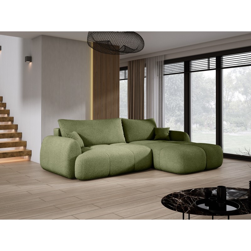 COCO Right-Hand Corner Sofa with Sleep Function, Cushions and Storage in NowOrNever 38 Green by Stork Furniture COCO Right-Hand Corner Sofa with Sleep Function, Cushions and Storage in NowOrNever 38 Green by Stork Furniture