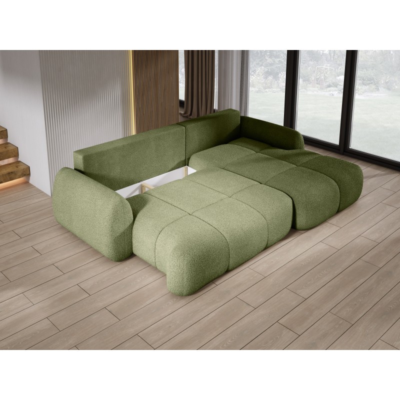 COCO Right-Hand Corner Sofa with Sleep Function, Cushions and Storage in NowOrNever 38 Green by Stork Furniture COCO Right-Hand Corner Sofa with Sleep Function, Cushions and Storage in NowOrNever 38 Green by Stork Furniture