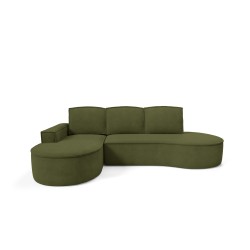 "MOLLY Left-Handed Corner Sofa with Sleep Function, Free-Standing in CURIO 39 Green Fabric"