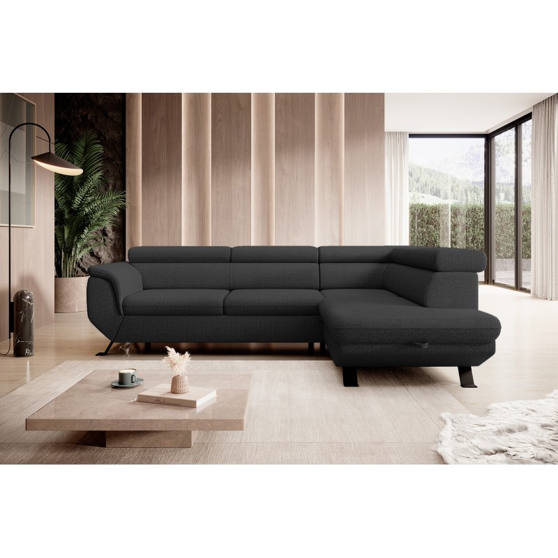 RAVEN L-Shaped Right-Handed Freestanding Corner Sofa with Sleep Function in ARAGON 99 Black Fabric - VERSAILLES Edition RAVEN L-Shaped Right-Handed Freestanding Corner Sofa with Sleep Function in ARAGON 99 Black Fabric - VERSAILLES Edition
