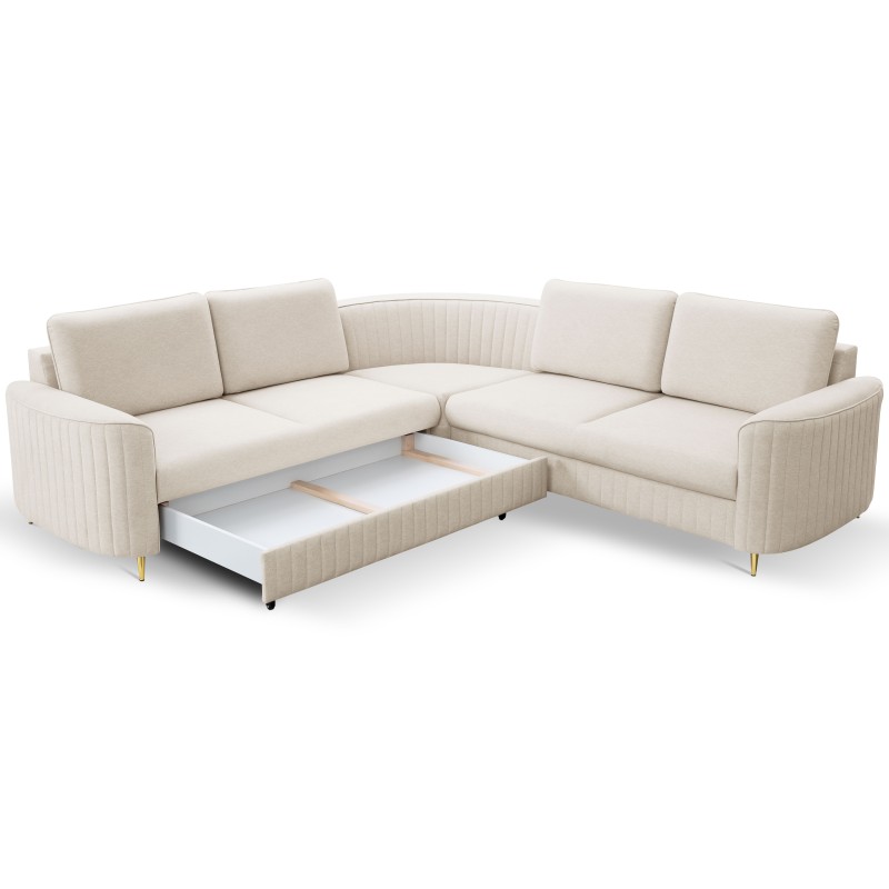 LAREN Modern Corner Sofa with Sleeper Function, Bedding Compartment, Plastic Legs, Left Side, CREMAL, 251x251x85 cm LAREN Modern Corner Sofa with Sleeper Function, Bedding Compartment, Plastic Legs, Left Side, CREMAL, 251x251x85 cm