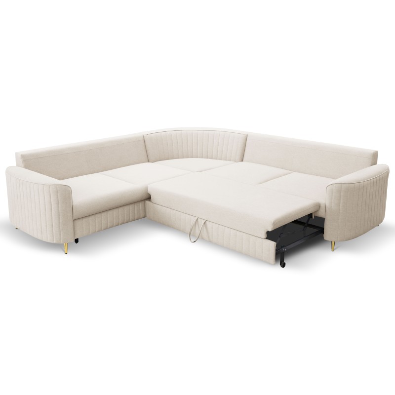 LAREN Modern Corner Sofa with Sleeper Function, Bedding Compartment, Plastic Legs, Left Side, CREMAL, 251x251x85 cm LAREN Modern Corner Sofa with Sleeper Function, Bedding Compartment, Plastic Legs, Left Side, CREMAL, 251x251x85 cm
