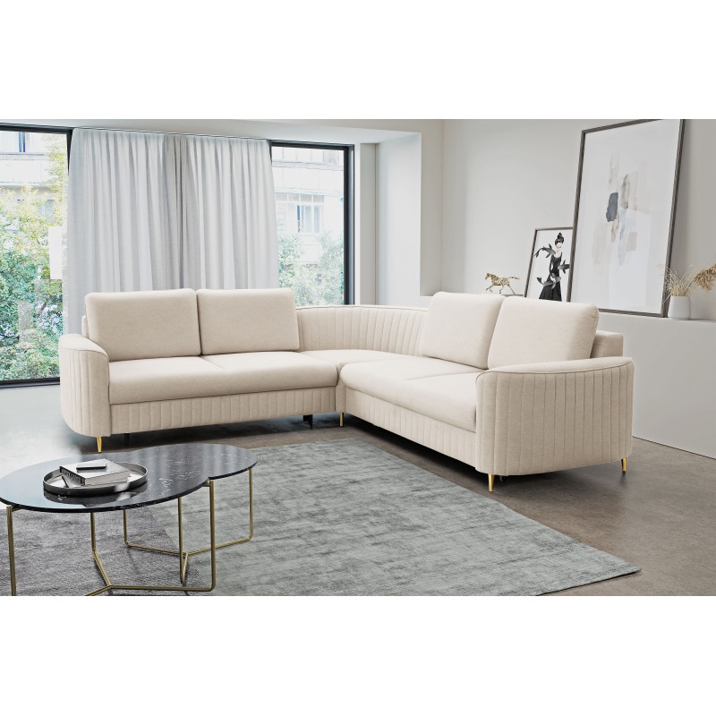 LAREN Modern Corner Sofa with Sleeper Function, Bedding Compartment, Plastic Legs, Left Side, CREMAL, 251x251x85 cm LAREN Modern Corner Sofa with Sleeper Function, Bedding Compartment, Plastic Legs, Left Side, CREMAL, 251x251x85 cm