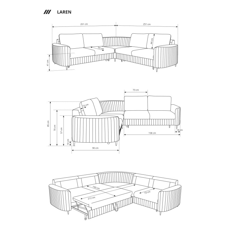 LAREN Modern Corner Sofa with Sleep Function, Bedding Storage, Plastic Legs, Left Side, ECRU, 251x251x85 cm LAREN Modern Corner Sofa with Sleep Function, Bedding Storage, Plastic Legs, Left Side, ECRU, 251x251x85 cm