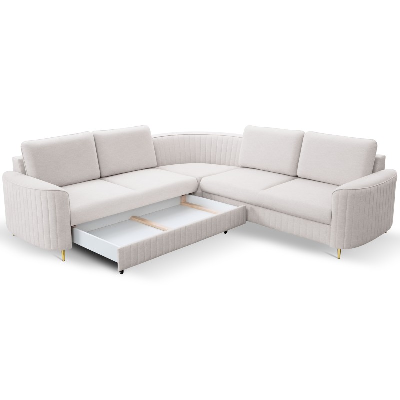 LAREN Modern Corner Sofa with Sleep Function, Bedding Storage, Plastic Legs, Left Side, ECRU, 251x251x85 cm LAREN Modern Corner Sofa with Sleep Function, Bedding Storage, Plastic Legs, Left Side, ECRU, 251x251x85 cm