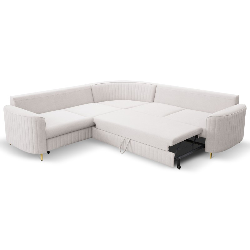 LAREN Modern Corner Sofa with Sleep Function, Bedding Storage, Plastic Legs, Left Side, ECRU, 251x251x85 cm LAREN Modern Corner Sofa with Sleep Function, Bedding Storage, Plastic Legs, Left Side, ECRU, 251x251x85 cm