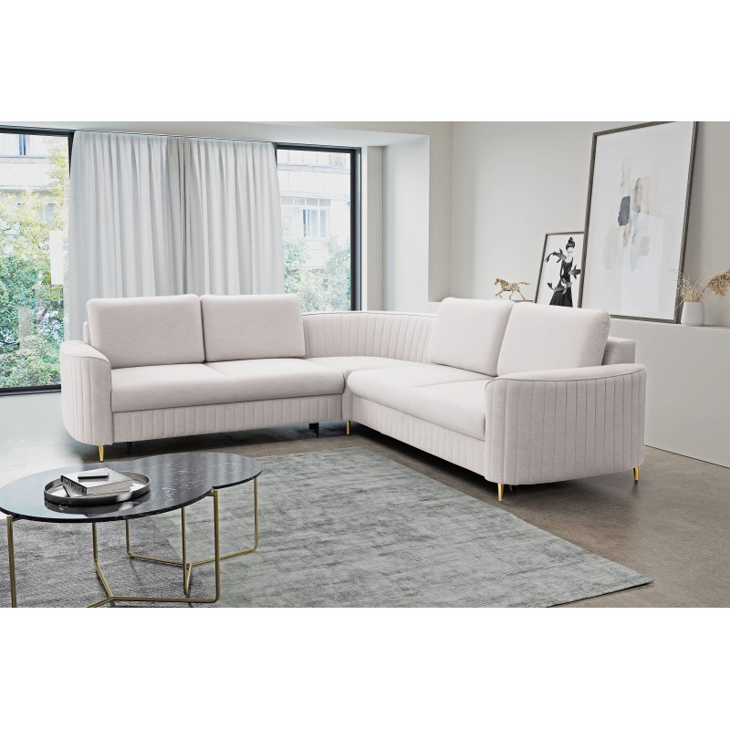 LAREN Modern Corner Sofa with Sleep Function, Bedding Storage, Plastic Legs, Left Side, ECRU, 251x251x85 cm LAREN Modern Corner Sofa with Sleep Function, Bedding Storage, Plastic Legs, Left Side, ECRU, 251x251x85 cm