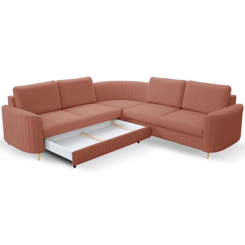 LAREN Modern Corner Sofa with Sleep Function, Bedding Storage, Plastic Legs, Left Side, POWDER PINK, 251x251x85 cm LAREN Modern Corner Sofa with Sleep Function, Bedding Storage, Plastic Legs, Left Side, POWDER PINK, 251x251x85 cm