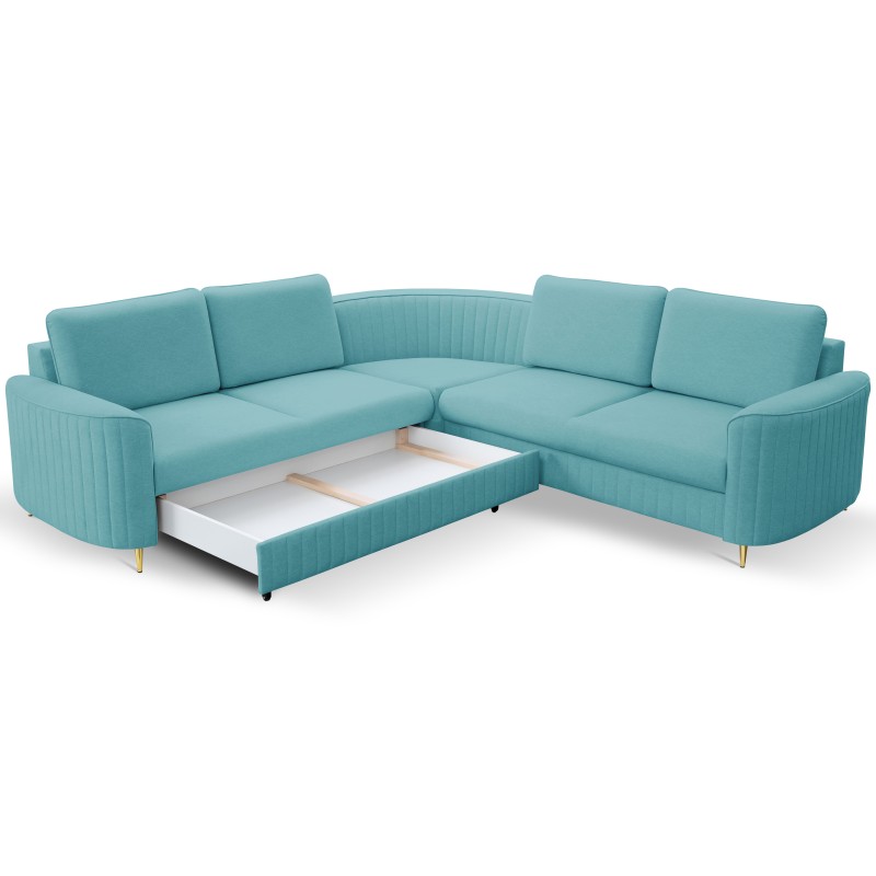 LAREN Modern Corner Sofa with Sleep Function, Bedding Storage, Plastic Legs, Left Side, TURQUOISE, 251x251x85 cm LAREN Modern Corner Sofa with Sleep Function, Bedding Storage, Plastic Legs, Left Side, TURQUOISE, 251x251x85 cm
